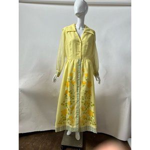 Alfred Shaheen Womens Shirt Dress Yellow Green Floral Long Sleeve Vintage 14